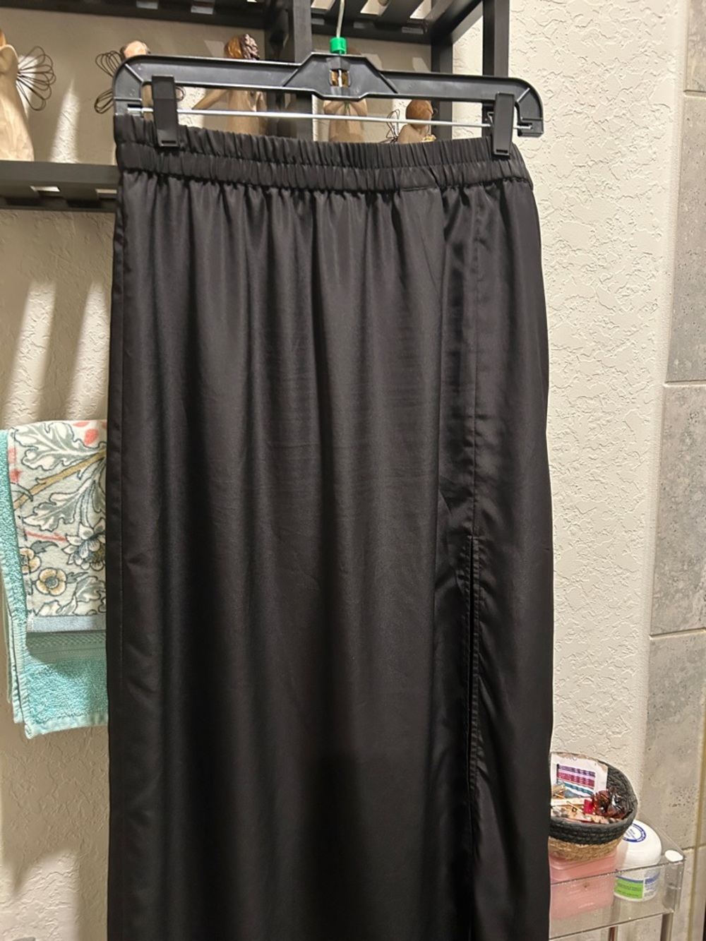 MICHAEL Michael Kors Black Satin Maxi Skirt with Elastic Waist and Side Slit